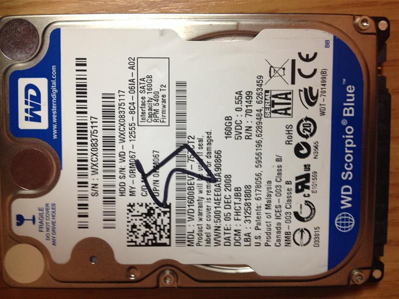 WD1600BEVT-75ZCT2 - 05-Dec-2008 - WD-WXCX08375117 - photo-1